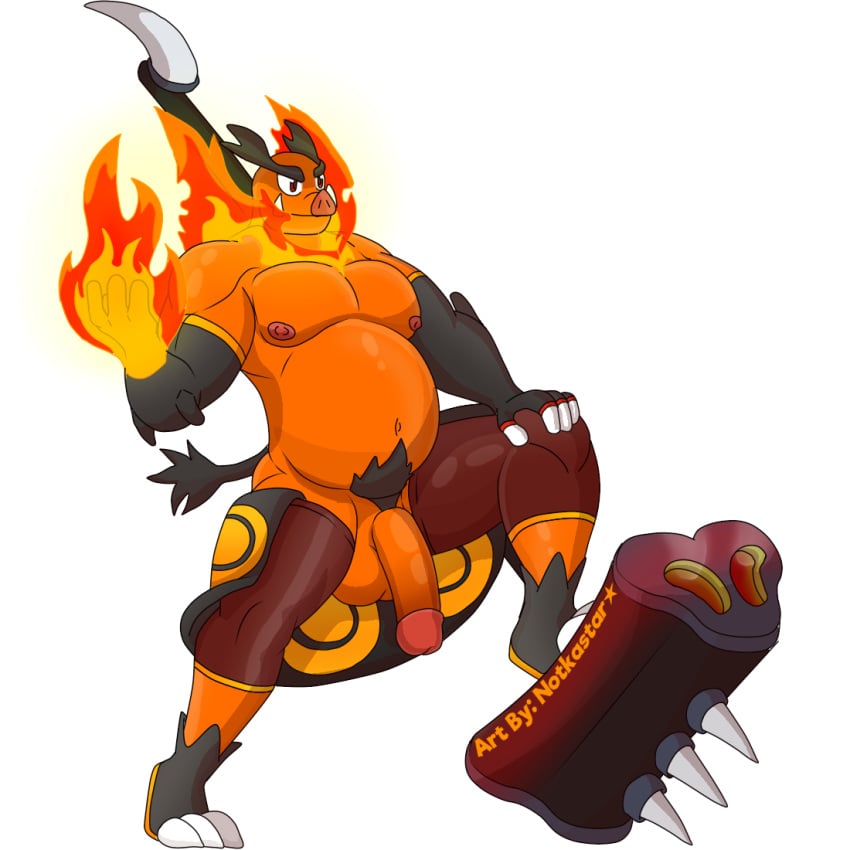 anthro balls belly big_penis casual_exposure clothing clothings emboar fire generation_5_pokemon genitals hammer leggings legwear male male_only navel nintendo nipples notkastar pecs penis pokemon pokemon_(species) slightly_chubby solo spikes tools video_games