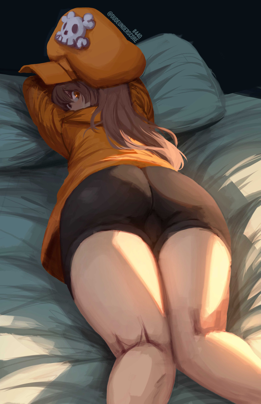 1girls absurd_res ass back_view bed big_ass big_butt bike_shorts brown_hair butt dudeunderscore eye_contact female female_only guilty_gear hat high_resolution light-skinned_female light_skin long_hair looking_at_viewer looking_back lying_on_stomach may_(guilty_gear) on_bed pillow shorts solo thick_thighs thighs