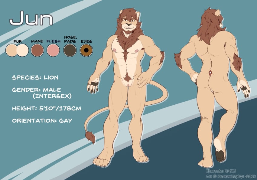 2020 andromorph anthro armpit_hair ass body_hair brown_hair chest_tuft clitoris cuntboy english_text facial_hair felid foreskin fur genitals goatee hair hindpaw intersex jun_(scj) kousen lion mammal mane model_sheet nude pantherine pawpads paws pubes pussy solo stated_homosexuality stated_sexuality tail_tuft tan_body tan_fur text tuft