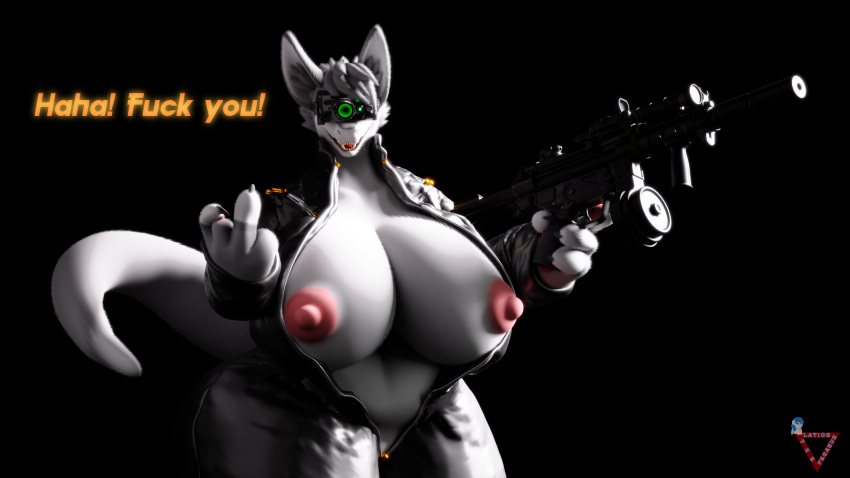 16:9 2022 3d_(artwork) 4_fingers 4k absurd_res anthro big_breasts black_background blender_(software) breasts breasts_out_of_clothes clothed clothing digital_media_(artwork) english_text exposed_breasts eyewear eyewear_on_head female fingers fur gesture goggles goggles_on_head grey_hair gun hair headgear hi_res holding_object holding_weapon jumpsuit latiospegasus light_grey_body light_grey_fur light_grey_hair long_tail looking_at_viewer machine mamagen middle_finger navel night_vision_goggles nipples open_clothing open_mouth open_shirt open_topwear partially_clothed paws protogen ranged_weapon rifle shirt simple_background solo source_filmmaker teeth text topwear watermark weapon widescreen