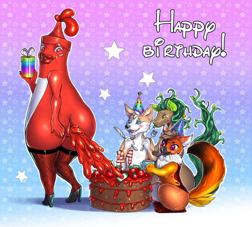 absurd_res anthro anus ass birthday cake canid canine canis clothing dendroponi dessert domestic_cat domestic_dog equid equine feces felid feline felis female feral food food_fetish footwear gift group hat headgear headwear herding_dog hi_res high_heels horse humanoid invalid_tag ketchup laxes legwear male mammal matokiro meatloaf mummie_ketchup natrixstern packets party pastoral_dog pony popper scat stockings tomatoes trio welsh_corgi