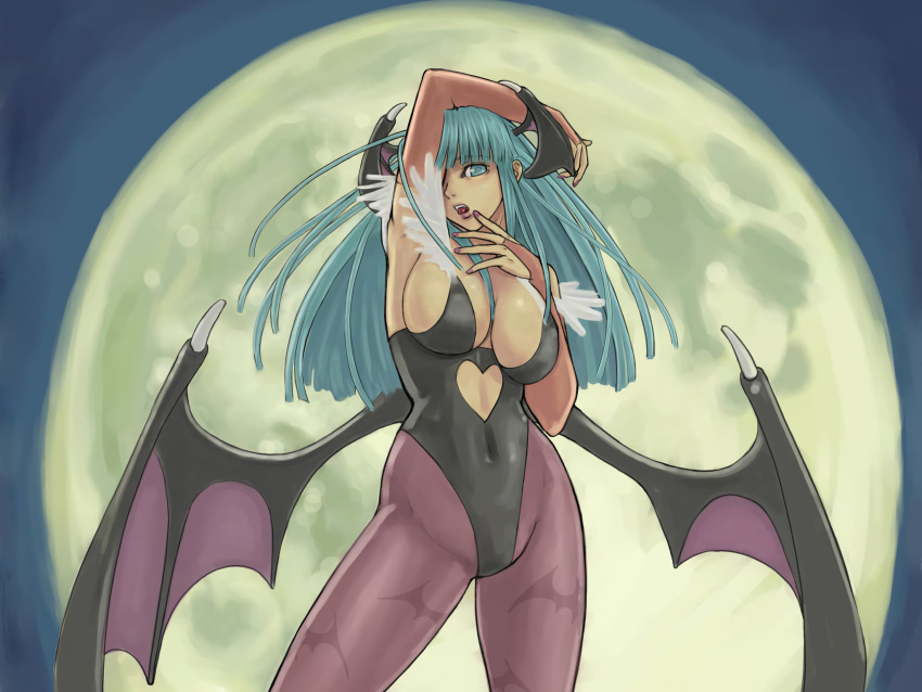 1girls animal_print ark ark_(morita_hitomi) arm_above_head armpits bat_print big_breasts breasts busty capcom cleavage clothing covered_navel cowboy_shot darkstalkers demon_girl elbow_gloves female female_focus female_only full_moon gloves highres large_breasts legs leotard looking_at_viewer moon morrigan_aensland open_mouth pantyhose patterned_legwear pink_lips print_legwear solo succubus thighs tongue tongue_out voluptuous