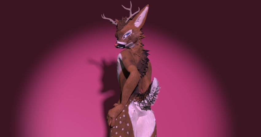 1boy anthro anthro_only ass blue_eyes bottomless brown_fur deer fur furry furry_only hand_on_hip horns looking_at_viewer male_only maplesyrupdurr nude pink_nose simple_background smile smiling_at_viewer smirk smirking smirking_at_viewer vr_media white_belly white_spots