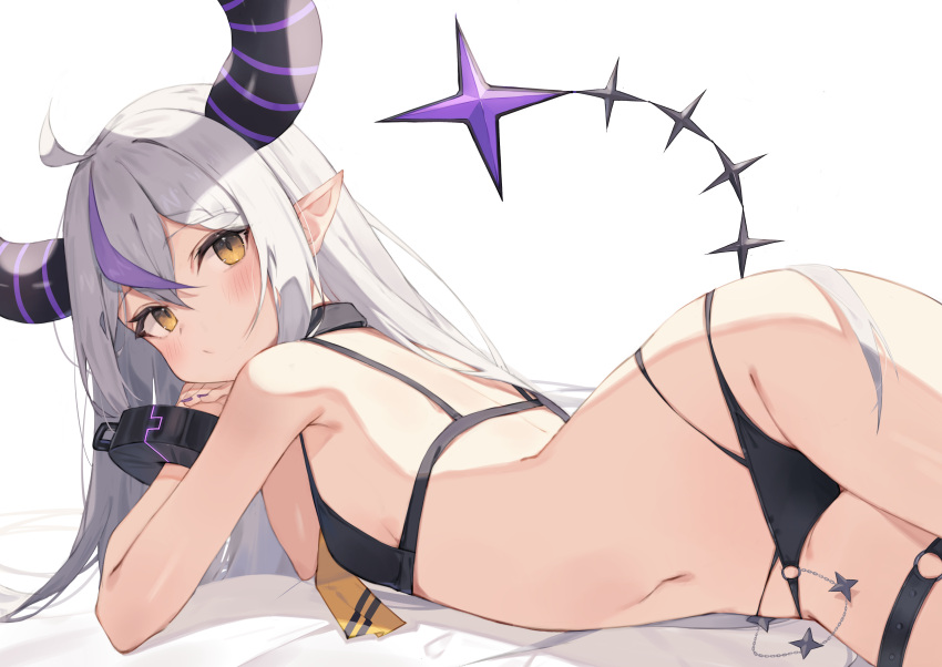 absurdres ahoge bangs bikini blush demon_horns female grey_hair hair_between_eyes highres hololive hololive_japan holox horns la+_darknesss long_hair looking_at_viewer multicolored_hair navel necktie o-ring pointy_ears purple_hair solo streaked_hair striped_horns swimsuit taht_(that_is_mm) thigh_strap very_long_hair virtual_youtuber white_background wrist_cuffs yellow_eyes