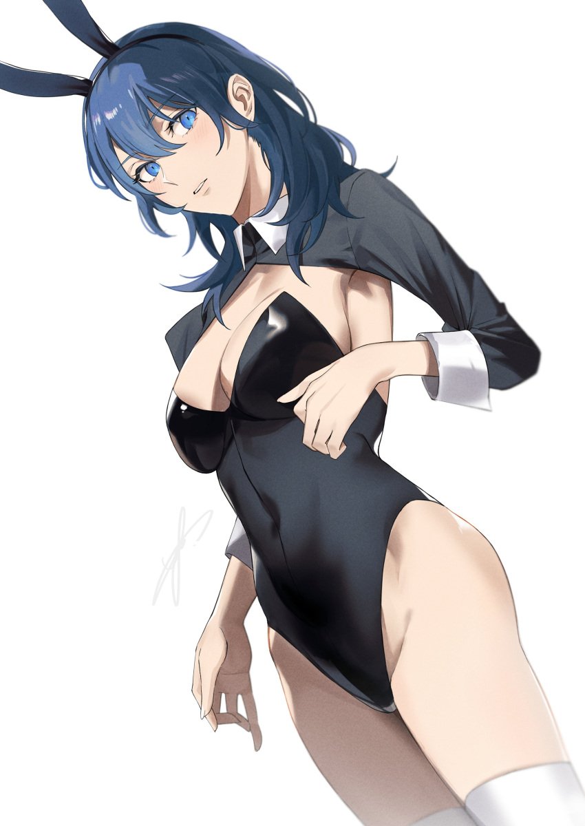 1girls absurdres alternate_costume animal_ears armpits blue_eyes blue_hair breasts bunny_ears bunny_girl bunnysuit byleth_(fire_emblem) byleth_(fire_emblem)_(female) cleavage female female_only fire_emblem fire_emblem:_three_houses highres large_breasts leotard looking_at_viewer medium_hair nintendo playboy_bunny rabbit_ears sideboob simple_background solo teal_hair toho10min white_background