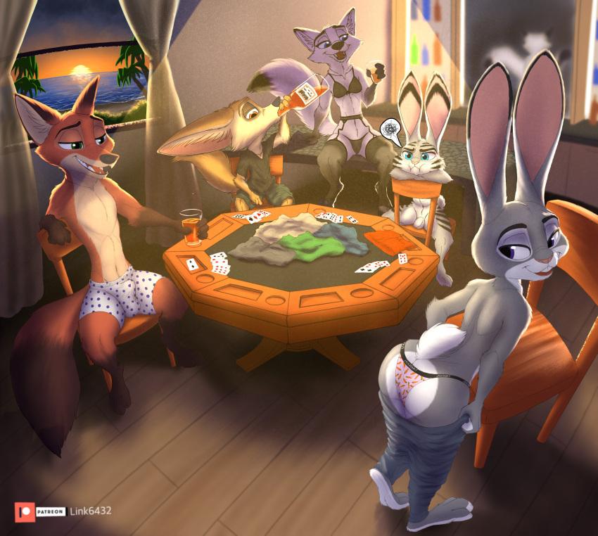 absurd_res anthro arctic_fox ass balls bra canid canine canis clothed clothing disney facial_markings female fennec finnick fox fur genitals group head_markings hi_res jack_savage judy_hopps lagomorph leporid link6432 male male/female mammal markings nick_wilde nude panties penis poker_table purple_eyes rabbit red_fox skye_(zootopia) smile stockings strip_poker underwear undressing zootopia