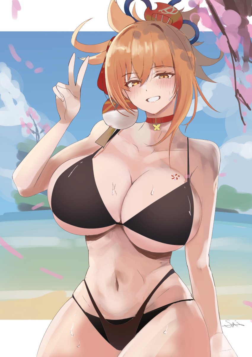 1girls 2022 alternate_breast_size aya_roushi bikini black_bikini blonde_hair breasts choker female female_only genshin_impact gold_eyes grin hips huge_breasts peace_sign slim_waist smile thick_thighs thighs tied_hair wide_hips yoimiya_(genshin_impact)