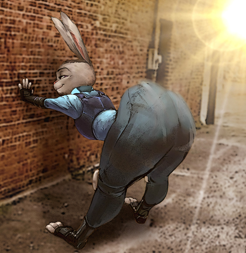 1girls alley alleyway anthro ass ass_shake bent_over big_ass big_butt bottom_heavy bouncing_ass brothersmiler bubble_butt clothing color color_edit colored dat_ass disney edit edited furry huge_ass huge_butt judy_hopps lagomorph large_ass lens_flare looking_at_viewer looking_back motion_lines policewoman purple_eyes rabbit showing_off showing_off_ass smile smirk smirking smug solo thick_thighs twerking wide_hips zootopia