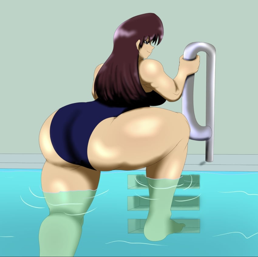 1girls ass brown_hair butt curvy eddynsonic female female_only getting_out_of_pool human human_only one-piece_swimsuit pool solo solo_female solo_focus sue swimsuit swimwear the_loud_house thick thick_thighs thighs water