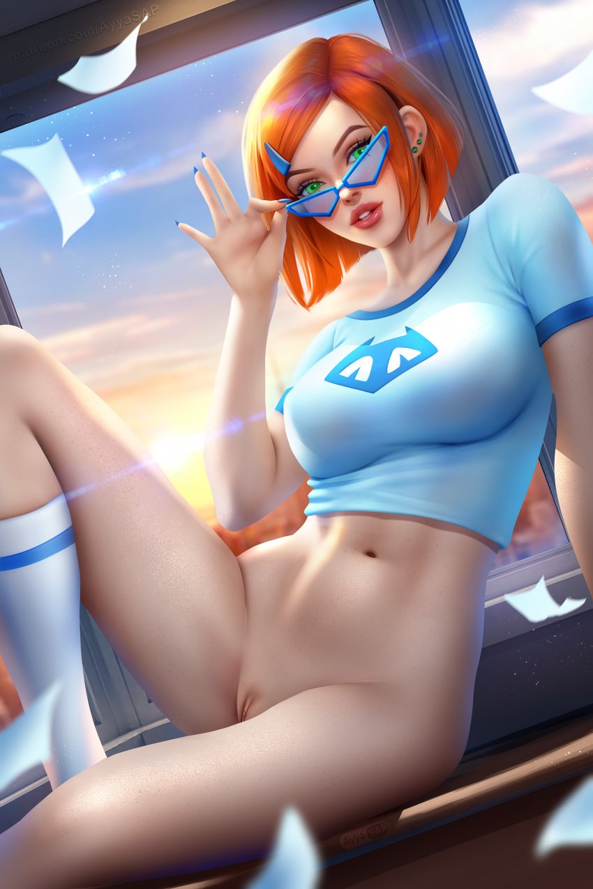 1girls absurd_res absurdres adjusting_eyewear adjusting_glasses arm_support ayyasap bare_thighs ben_10 ben_10_omniverse big_breasts blue_clothes blue_clothing blue_shirt bottomless bottomless_female breasts busty cartoon_network desk female female_focus female_only fit fit_female freckles genitals ginger ginger_hair glasses green_eyes gwen_tennyson gwen_tennyson_(omniverse) hairless_pussy half-dressed half_naked half_nude high_resolution inframammary_clothing_crease kneesocks large_breasts laying_on_desk laying_on_side light-skinned_female light_skin mature mature_female navel orange_hair parted_lips pussy red_lips red_lipstick shaved_pussy shirt short_hair shoulder_length_hair socks solo solo_female solo_focus stomach t-shirt thighs toned toned_female toned_stomach vagina very_high_resolution white_socks