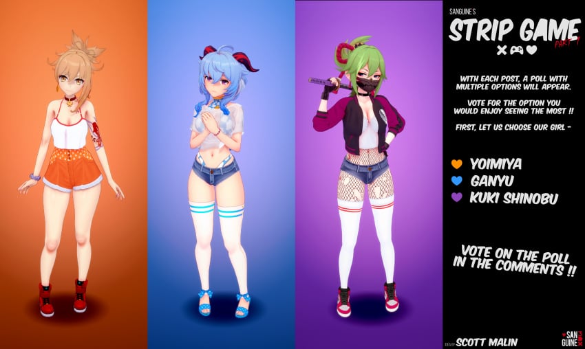 3d anime_style baseball_uniform big_breasts big_thighs blonde_hair blue_hair busty fishnets ganyu_(genshin_impact) genshin_impact green_hair high_heels katana koikatsu kuki_shinobu leg_sleeves mask masked plain_background sanguine3dx shorts sneakers socks strip_game thigh_socks thighhighs thighs transparent_clothing vote white_socks yoimiya_(genshin_impact)