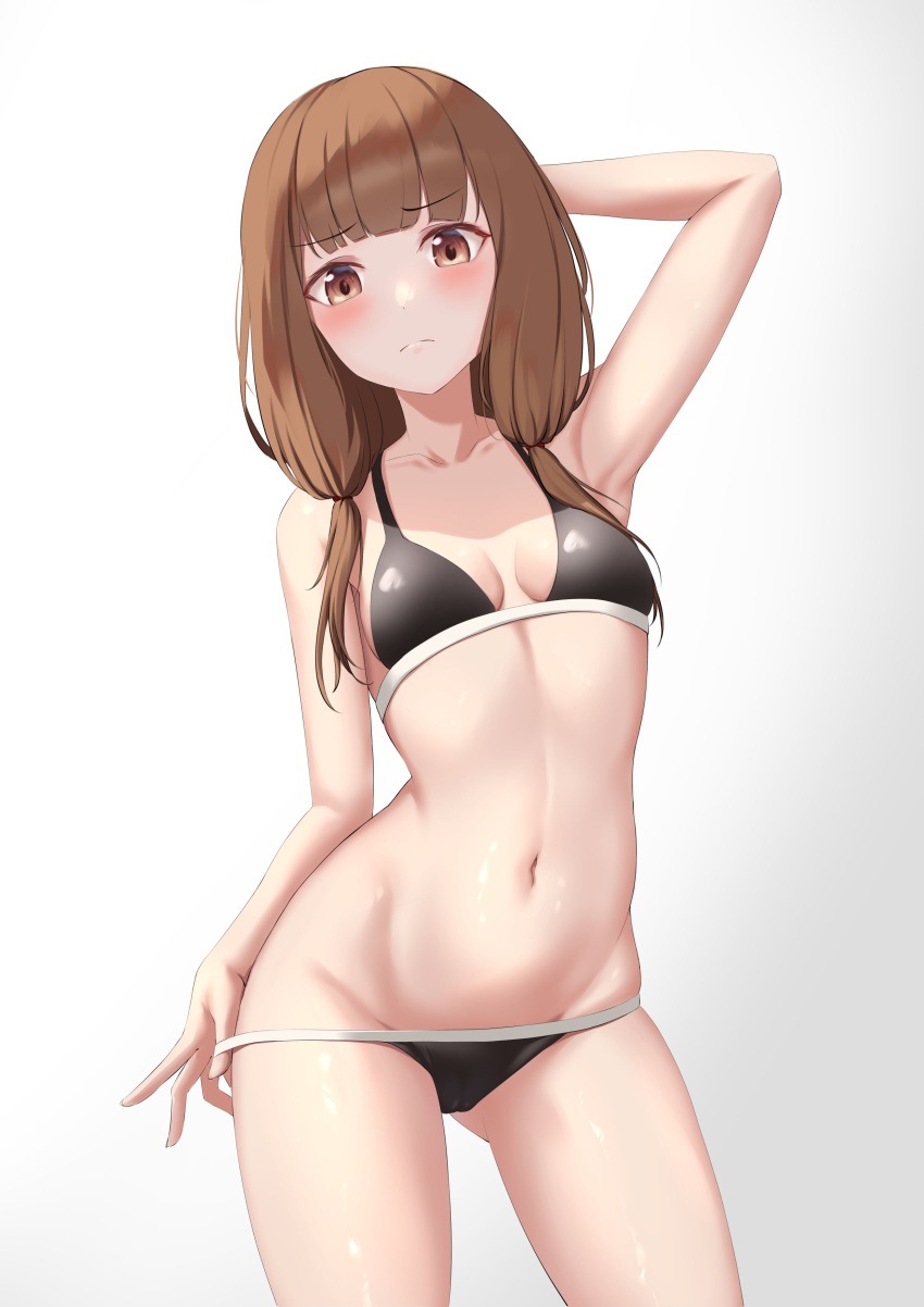 1girls armpits arms_behind_back bangs bikini blush breasts brown_eyes brown_hair cameltoe collarbone edchi gradient_background highres iino_miko kaguya-sama_wa_kokurasetai_~tensai-tachi_no_renai_zunousen~ long_hair looking_at_viewer navel simple_background small_breasts solo standing swimsuit thighs twintails