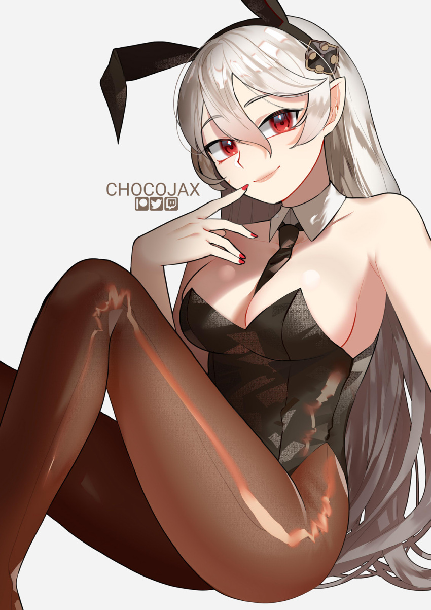 alternate_costume breasts bunny_ears bunny_girl bunnysuit chocojax cleavage corrin_(fire_emblem) corrin_(fire_emblem)_(female) detached_collar fake_animal_ears female female_only fire_emblem fire_emblem_fates leotard nail_polish nintendo painted_nails pantyhose pointy_ears red_eyes red_nails solo tie tie_between_breasts white_hair