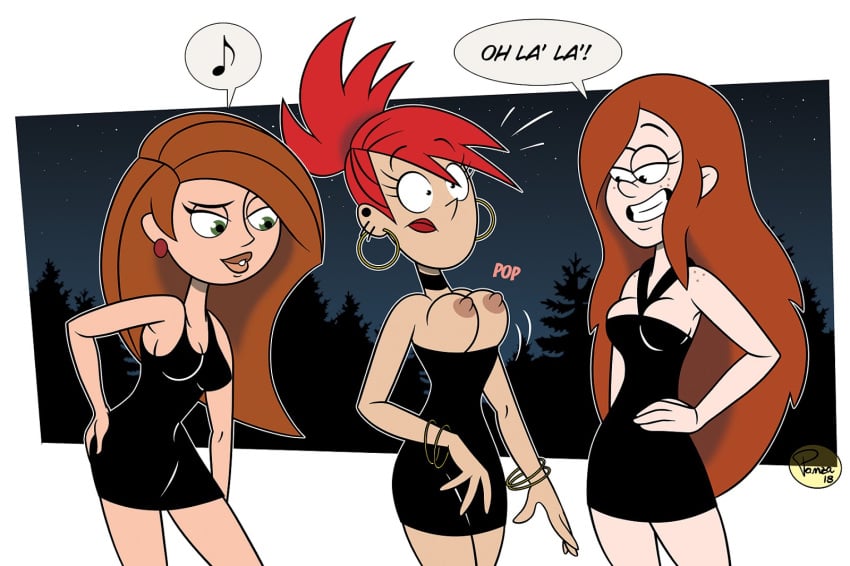 3girls accidental_exposure black_dress breasts_popping_out catcalling cocktail_dress dress_down earrings female female_only foster's_home_for_imaginary_friends frankie_foster gravity_falls human human_only ilpanza kim_possible kimberly_ann_possible light-skinned_female light_skin lipstick looking_at_breasts matching_outfit minidress multiple_girls nipples no_bra onamonapia popping_out red_hair source_request spoken_musical_note standing straight_hair thin_waist trio wardrobe_malfunction wendy_corduroy