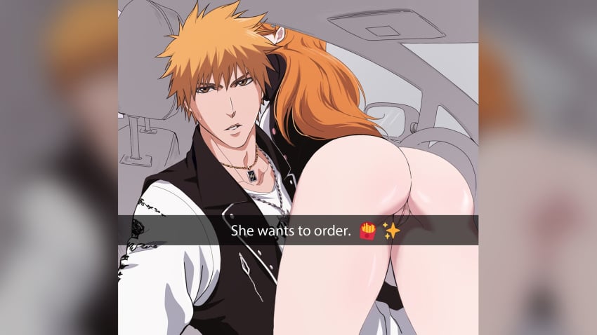 1boy 1girls bare_legs bare_thighs bleach bottomless bottomless_female boyfriend-girlfriend brown_eyes car carrying carrying_partner commentary couple duo duo_focus exposed_ass exposed_pussy faceless faceless_female from_behind he_wants_to_order ichigo_kurosaki indoors inoue_orihime jacket jewelry male_with_female meme message necklace no_panties nopan offering offering_to_viewer orange_hair presenting presenting_another presenting_ass presenting_partner presenting_pussy round_ass rozuberry selfie shirt sitting talking talking_to_viewer teenage_couple teenager text vehicle window