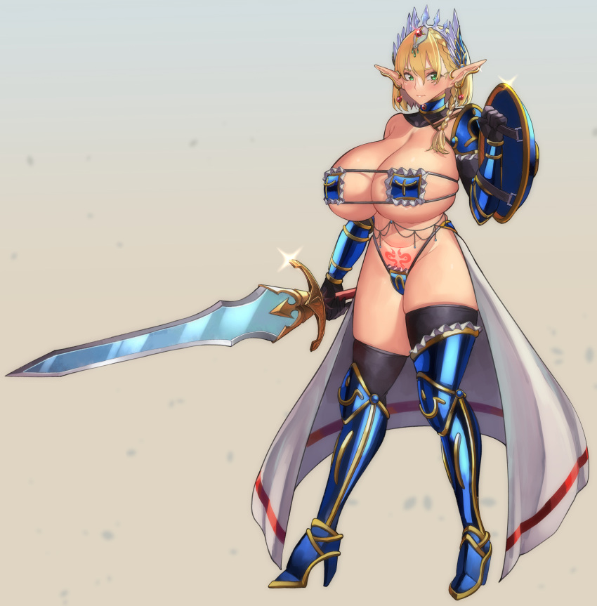 1girls argia_seirios_(zahylon) armor bikini_armor blonde_hair blood_hood elf female_only green_eyes huge_breasts light-skinned_female original shield solo sword zahylon