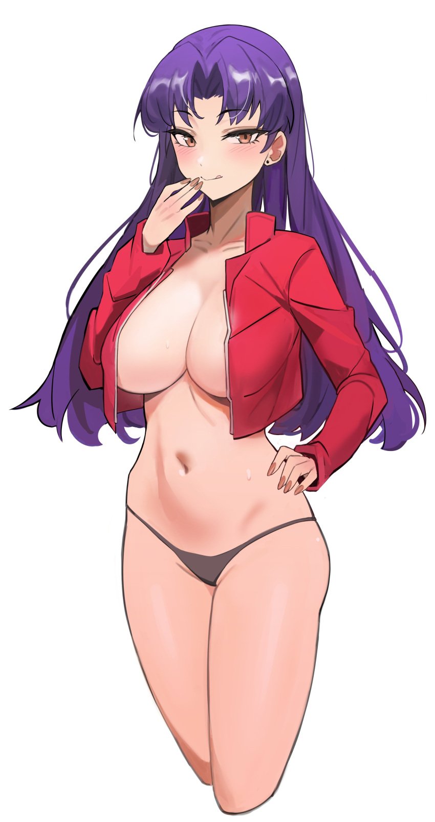 alternate_version_available belly belly_button big_breasts blush blushing breasts busty clothing curves curvy curvy_body curvy_female curvy_figure ear_piercing earring earrings hand_on_chin horny horny_female huge_breasts jacket jacket_only kiritzugu large_breasts legs licking_lips milf misato_katsuragi nails neon_genesis_evangelion older_female panties purple_hair thick thick_legs thick_thighs thighs thong thong_panties thong_underwear tongue tongue_out tummy violet_hair white_background