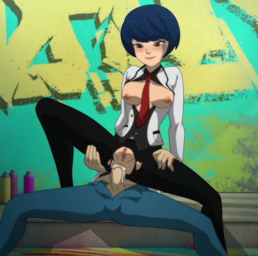 1boy 1girls adrien_agreste anal anal_sex blue_hair blush breasts breasts_out brown_eyes cum cum_in_ass cum_inside female female_focus freckles kagami_tsurugi male miraculous_ladybug nipples pussy reverse_cowgirl_position sex straight torn_clothes unseen_male_face xeroshadows