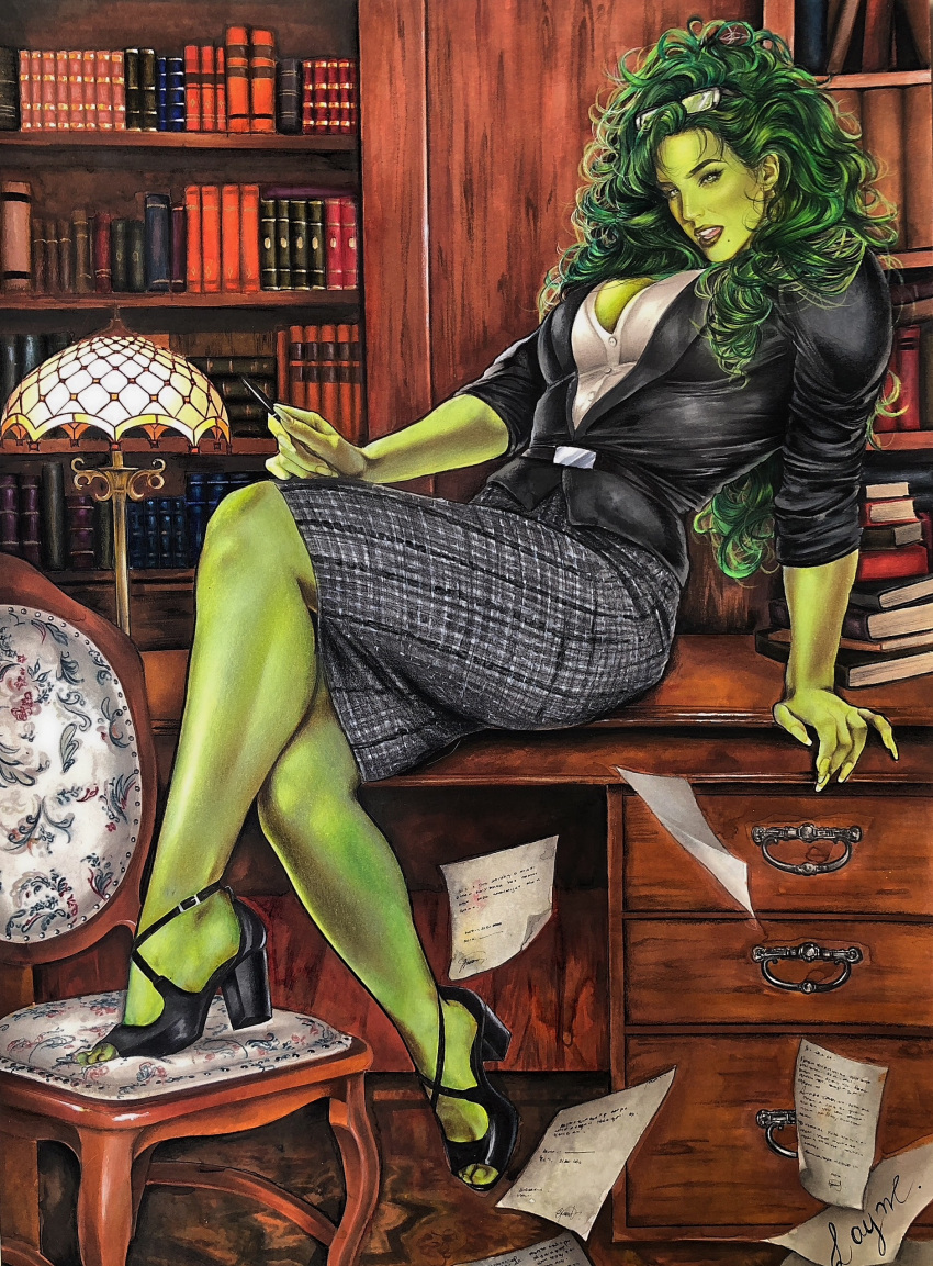 1girls absurdres big_breasts bylayne colored_skin english_commentary feet female female_only fully_clothed glasses glasses_on_head green-skinned_female green_body green_eyes green_hair green_skin high_resolution highres hulk_(series) legs long_hair marvel marvel_comics office_clothing she-hulk sitting skirt solo suit toes