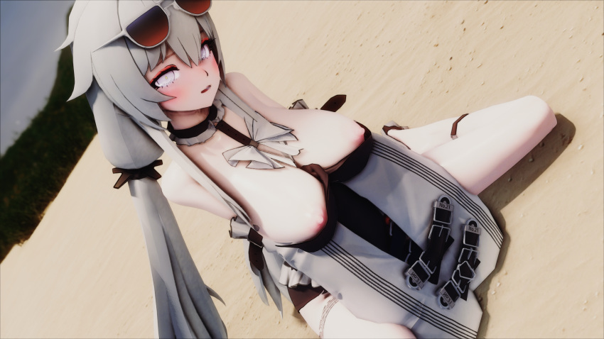 1girls 3d alternate_breast_size blush breasts_out exhibitionism feet large_breasts no.21 outdoors ovel pale-skinned_female pale_skin punishing:_gray_raven robot_girl sandals sitting solo spread_legs sunglasses sunglasses_on_head twintails white_eyes white_hair