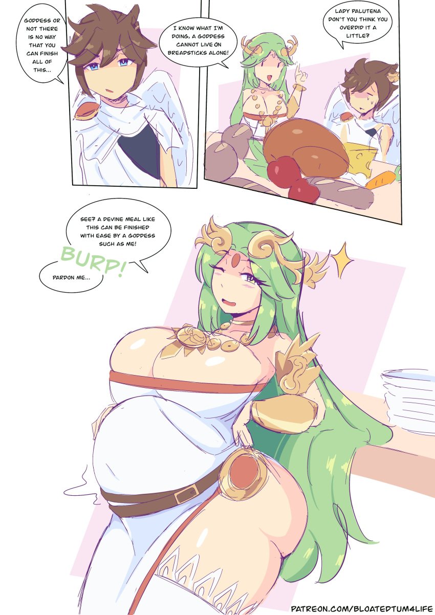 1boy 1girls ass belly belly_stuffing big_ass big_belly big_breasts bloated bloated_belly bloatedtum4life breasts bubble_butt burp burping comic empty_plates female female_focus food green_hair huge_breasts kid_icarus kid_icarus_uprising male nintendo one_eye_closed overeating palutena pit pit_(kid_icarus) plate plates stuffed stuffed_belly stuffing thick_thighs thighs