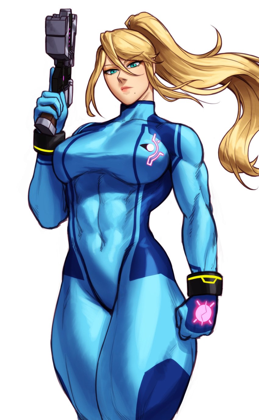 1girls 2022 abs absurd_res beauty_mark big_breasts blonde_hair blue_eyes bracelet breasts eyeshadow feet_out_of_frame hi_res holding_gun huge_breasts large_breasts long_hair looking_at_viewer metroid mole mole_under_mouth muscle muscle_tone muscular muscular_arms muscular_ass muscular_back muscular_female muscular_legs muscular_thighs nintendo ponytail samus_aran simple_background six_pack sotcho thick_ass thick_thighs thunder_thighs white_background wide_hips zero_suit zero_suit_samus