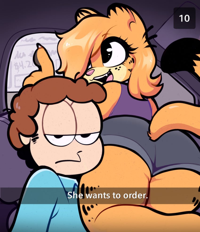 1boy 1boy1girl 1girls 2022 anthro anthrofied ass ass_focus big_ass big_butt bubble_ass bubble_butt car car_interior dialogue english_text female furry garfield_(series) garfield_the_cat gothfield he_wants_to_order huge_ass indoors jon_arbuckle meme moozuamary paramount_pictures paws,_inc. phone phone_screen rule_63 selfie snapchat tagme taking_picture text vehicle