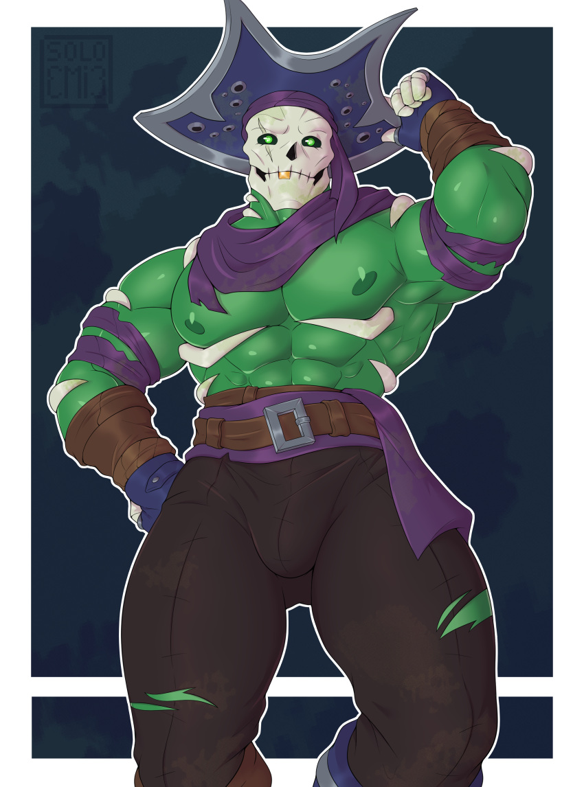 1boy bara big_breasts big_penis dredge_(paladins) green_body green_eyes green_skin hi-rez_studios paladins skeleton solo soloemi_(artist)