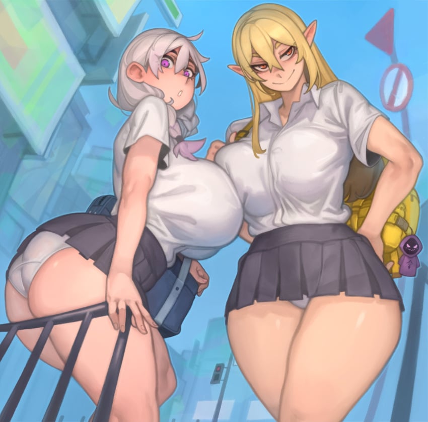 2022 2girls ass blonde_hair breasts commission female female_only hand_on_hip hips huge_ass huge_breasts kelvin_hiu long_hair microskirt miniskirt orange_eyes original original_character panties pantyshot pantyshot_(standing) pointy_ears purple_eyes school_uniform schoolgirl short_hair short_skirt skirt slim_waist thick_thighs thighs violet_(kelvin_hiu) white_hair wide_hips