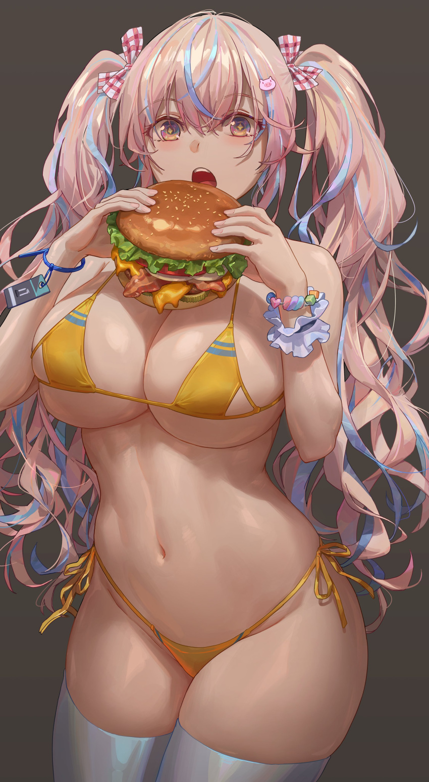 1girls 2022 bacon bikini breasts burger cleavage eating female female_only food gold_eyes hamburger hi_res hips holding_object huge_breasts lettuce light-skinned_female light_skin long_hair original original_character pink_hair slim_waist thick_thighs thighs tomato twintails wide_hips yellow_bikini yohan1754