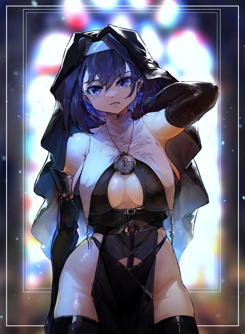 1girls alternate_version_available clock_necklace female hololive hololive_english hololive_english_-council- hololive_english_-promise- inner_sideboob latex_thighhighs nun ouro_kronii sideboob skindentation solo_female tagme thick_thighs virtual_youtuber vyragami