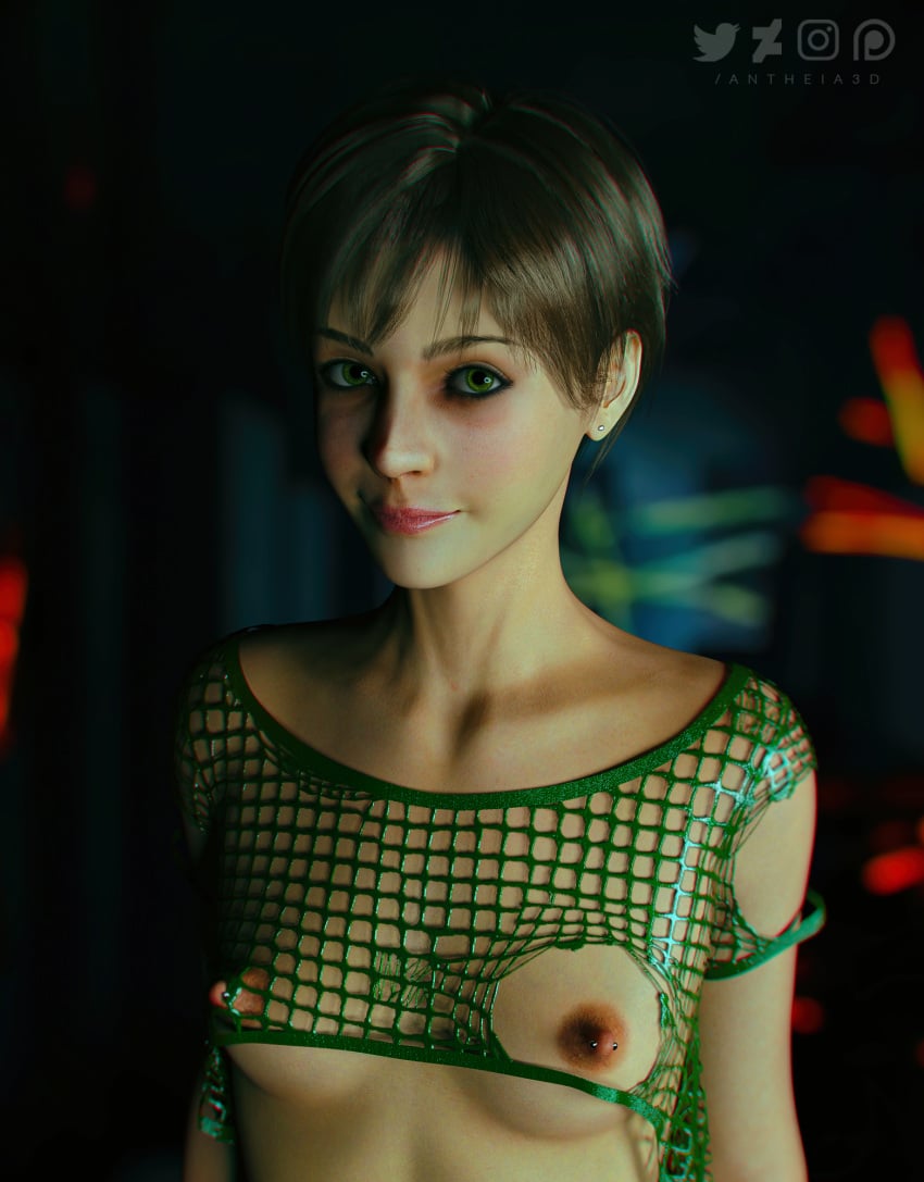 3d antheia3d brown_hair capcom dbd dead_by_daylight fishnet_shirt green_eyes human muscular_female nipple_piercing rebecca_chambers resident_evil resident_evil:_vendetta ripped_clothing short_hair small_breasts smile