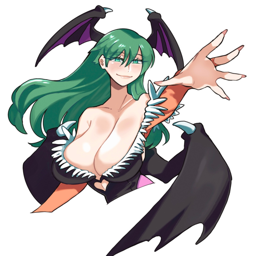 1girls 2d big_breasts capcom cleavage clothing darkstalkers demon_wings female female_only green_eyes green_hair head_wings hi_res large_breasts leotard light-skinned_female light_skin long_hair looking_at_viewer morrigan_aensland narrowed_eyes outstretched_arm pale-skinned_female pale_skin paperrose smiling smiling_at_viewer solo succubus white_background wings