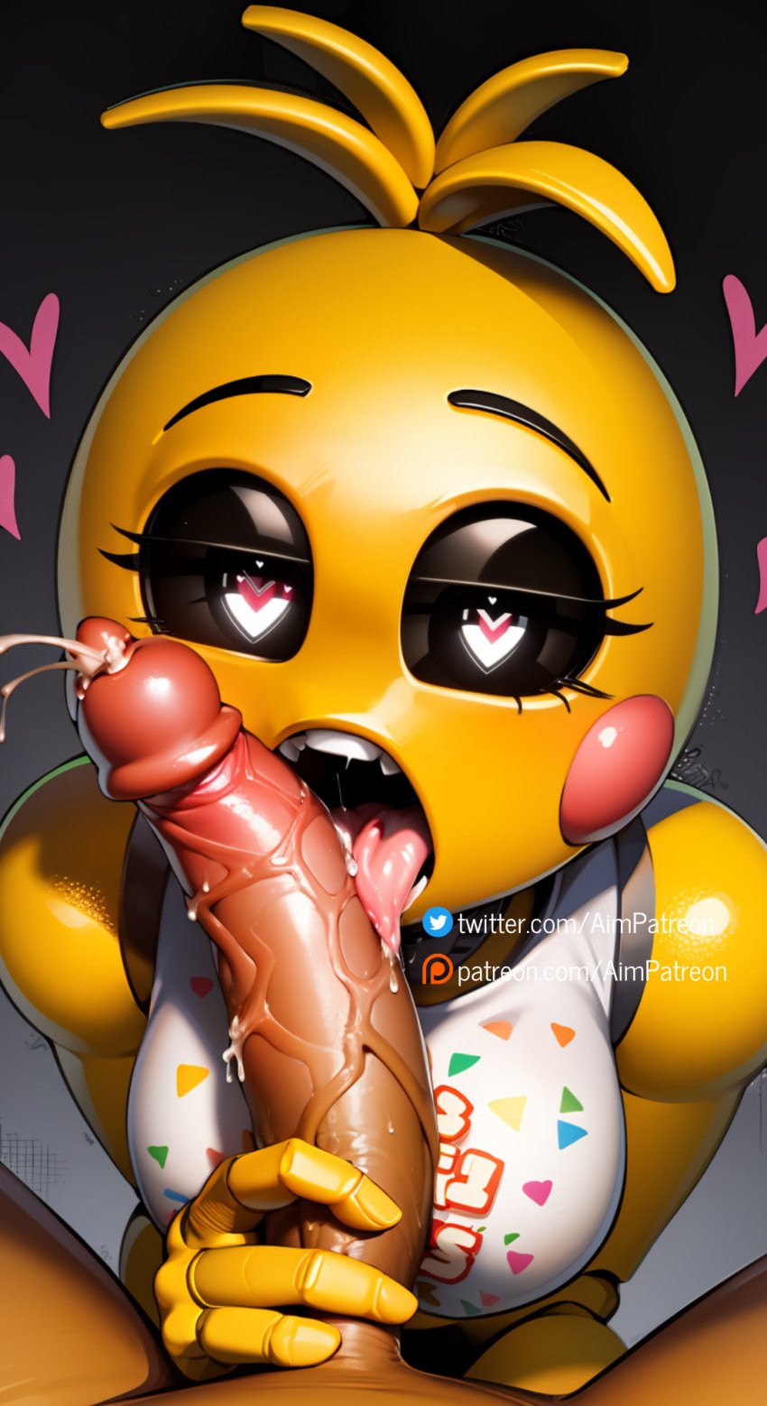 1boy ai_generated aim_patreon anthro blowjob blush breasts cum dark_skin erection fellatio female five_nights_at_freddy's five_nights_at_freddy's_2 heart heart-shaped_pupils interspecies large_penis oral penis pov saliva solo_focus spoken_heart straight testicles tongue tongue_out toy_chica_(fnaf) toy_chica_(love_taste) uncensored veins veiny_penis