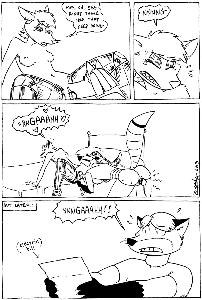 black_and_white canid canine canis clothing comic cybernetics cyborg female fox hi_res humor jackal machine maid_uniform male mammal monochrome robot sex tegerio text uniform