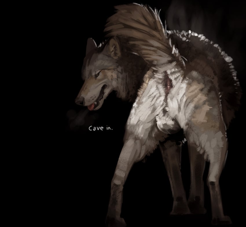 2022 anatomically_correct anatomically_correct_anus anus ass backsack balls black_background breath brown_body brown_fur canid canine canis dialogue digital_media_(artwork) feral fur genitals grey_body grey_fur hi_res male mammal multicolored_body multicolored_fur musk presenting presenting_hindquarters quadruped raised_tail sepulte simple_background solo talking_to_viewer teasing white_body white_fur wolf