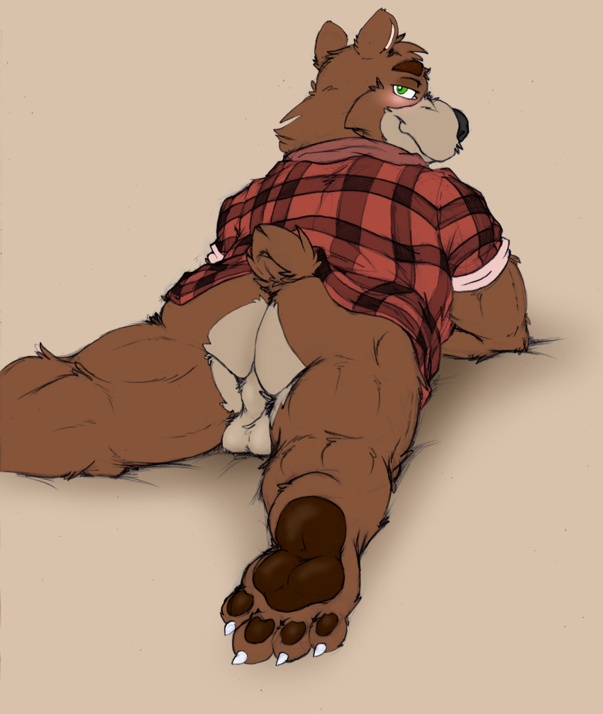 2022 anthro ass biped black_nose blush brown_bear brown_body clothing dean_(password) feet hi_res hopelesshighschool lying male male_only mammal password_(visual_novel) shirt solo topwear ursid ursine video_games visual_novel