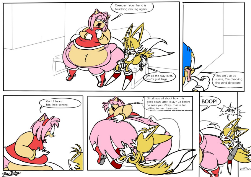 1girls 2boys amy_rose anthro ass belly big_ass blue_fur blue_hair boots breast butt_bump chubby chubby_female comic dress english_text fat female female_focus fox furry gloves green_eyes hairband hedgehog huge_ass hyper hyper_ass large_ass male obese overweight panties pink_fur pink_hair sega sonic_(series) sonic_the_hedgehog sonic_the_hedgehog_(series) stomach straight tails text thick_thighs thighs ultrahand wardrobe_malfunction yellow_fur yellow_hair