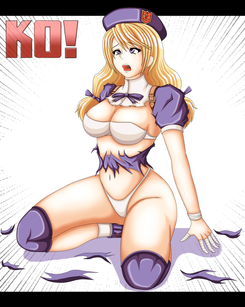 1girls artist_request big_breasts blonde_hair bra breasts busty cleavage defeat female female_only hi_res hinako_shijou king_of_fighters kneeling large_breasts long_hair low_twintails navel open_mouth panties purple_eyes snk solo torn_clothes twintails underwear white_bra white_panties