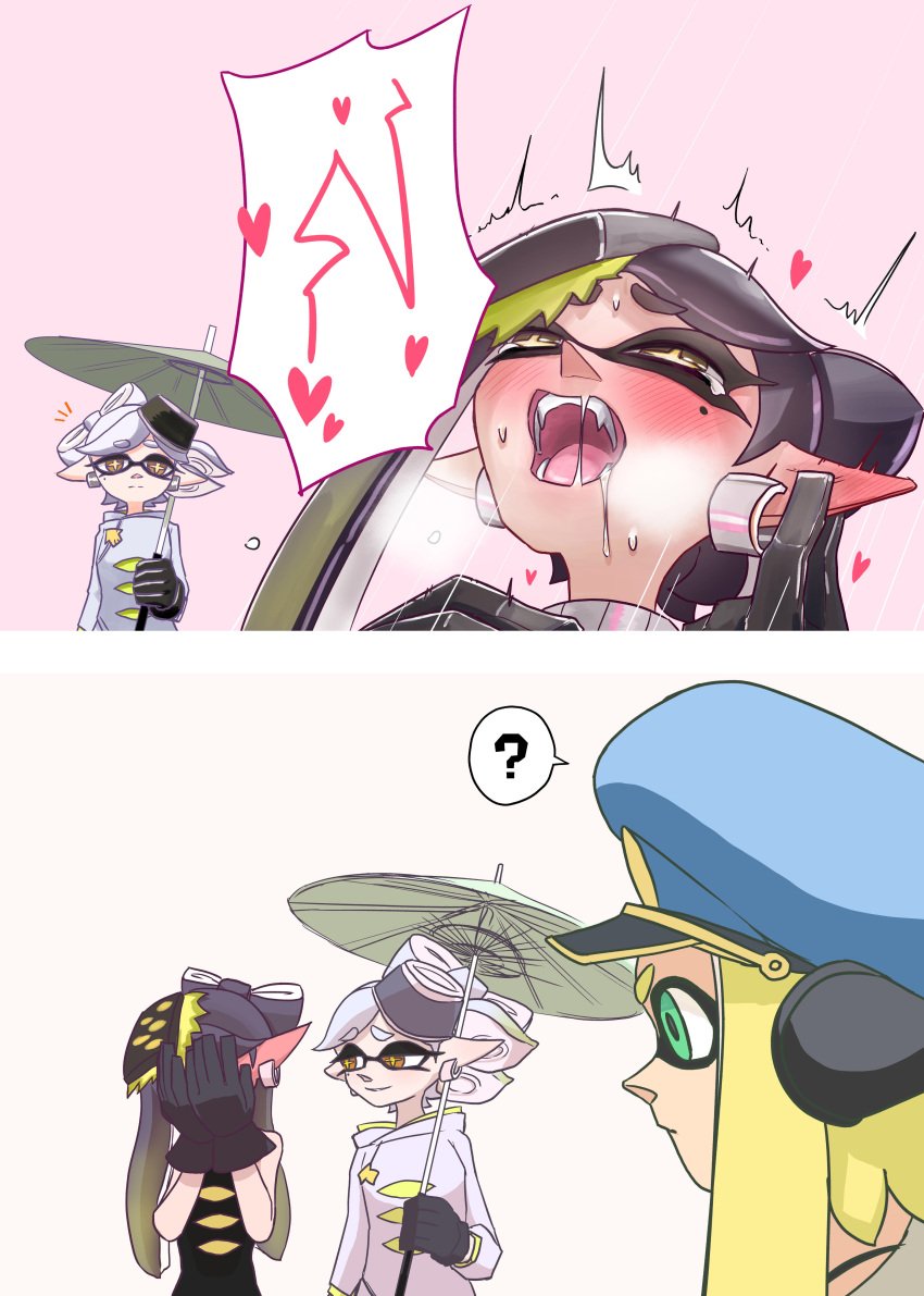 3girls ? absurdres agent_3_(splatoon) aqua_eyes black_gloves blonde_hair blue_headwear blush brown_eyes callie_(alterna) callie_(splatoon) captain_(splatoon_3) caught closed_mouth cousins covering_face cross-shaped_pupils ear_blush earrings embarrassed fangs female_masturbation female_orgasm furrowed_brow gloves gradient_hair green_umbrella grey_hair hat highres holding holding_umbrella inkling inkling_girl irohasu_(csah8525) jewelry long_hair looking_at_another marie_(alterna) marie_(splatoon) masturbation mole mole_under_eye multicolored_hair multiple_girls notice_lines oil-paper_umbrella open_mouth orgasm peaked_cap pointy_ears rubbing_ears short_hair smile speech_bubble splatoon splatoon_(series) splatoon_3 splatoon_3:_return_of_the_mammalians split_mouth spoken_question_mark squidbeak_splatoon suction_cups teeth tentacle_hair two-tone_hair umbrella