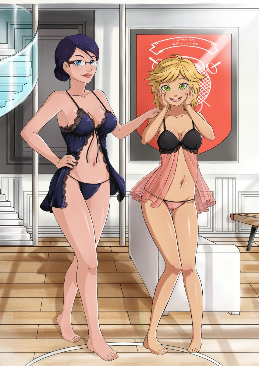 2girls abdomen adrien_agreste babydoll bare_midriff bare_stomach barefoot belly belly_button belly_button_piercing blonde_female blonde_hair blue_eyes blue_hair blue_lingerie blue_panties breasts camel_toe cameltoe comission feet female female_only females_only genderbend genderswap_(mtf) green_eyes half_naked hi_res high_resolution highres lingerie lingerie_only midriff miraculous_ladybug nathalie_sancoeur navel navel_piercing pink_lingerie pink_panties rule_63 stomach the_dark_mangaka toes