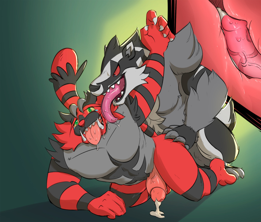 anal anal_sex anthro bodily_fluids cum cum_drip cum_while_penetrated dripping duo generation_7_pokemon generation_8_pokemon genital_fluids genitals hi_res incineroar male male/male male_only male_penetrated male_penetrating male_penetrating_male mammal mustelid nintendo obstagoon oriont penetration penis pokemon pokemon_(species) sex tongue vein veiny_penis video_games