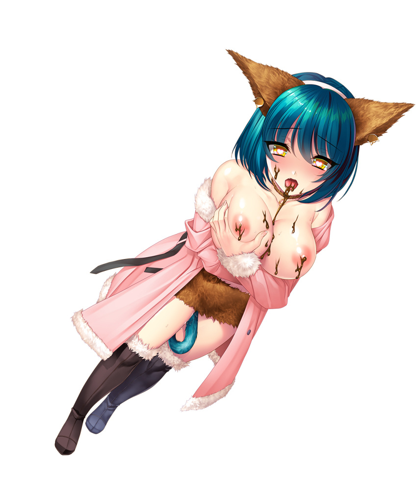 <3_eyes ahoge aikawa_arisa animal_humanoid areola belt big_breasts black_boots black_clothing black_footwear blue_hair blue_tail blush bodily_fluids boots breasts candy cat_humanoid chocolate clothed clothing dessert digital_media_(artwork) earmuffs felid felid_humanoid feline feline_humanoid female food footwear genital_fluids hair heart hi_res huge_breasts humanoid jacket light_body light_skin looking_at_viewer mammal mammal_humanoid merci_(taimanin_asagi) nipples pink_clothing pink_jacket pink_topwear pussy_juice solo taimanin_(series) topwear white_hairband yellow_eyes