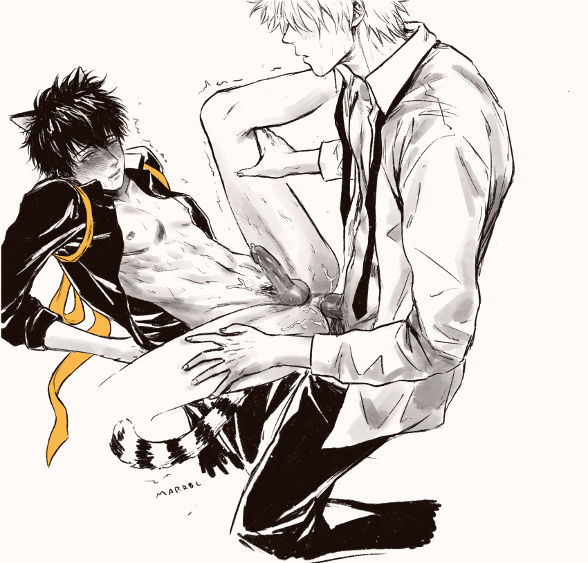 2boys anal anal_juice anal_sex blush bodily_fluids bottomless cat_ears class_3-z cum erection gakuran gay gintama gintoki_sakata hi_res hijikata_toshiro leg_grab legs_held_open male male_only marrbl official_alternate_costume on_back open_shirt partially_colored penis school_uniform small_penis spread_legs sweat teacher teacher_and_student tears tiger_tail uncensored uniform yaoi