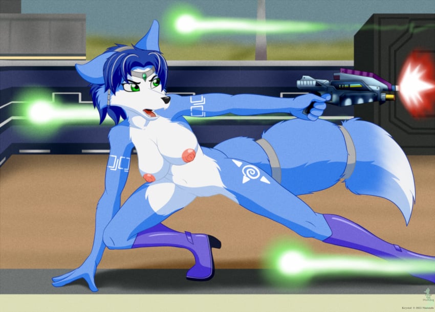 anthro blaster blue_body blue_fur blue_hair breasts canid canine clothing crouching digital_media_(artwork) female firing_weapon fox fur genitals hair jorge-the-wolfdog krystal mammal nintendo nipples nude open_mouth pussy solo star_fox video_games white_body white_fur