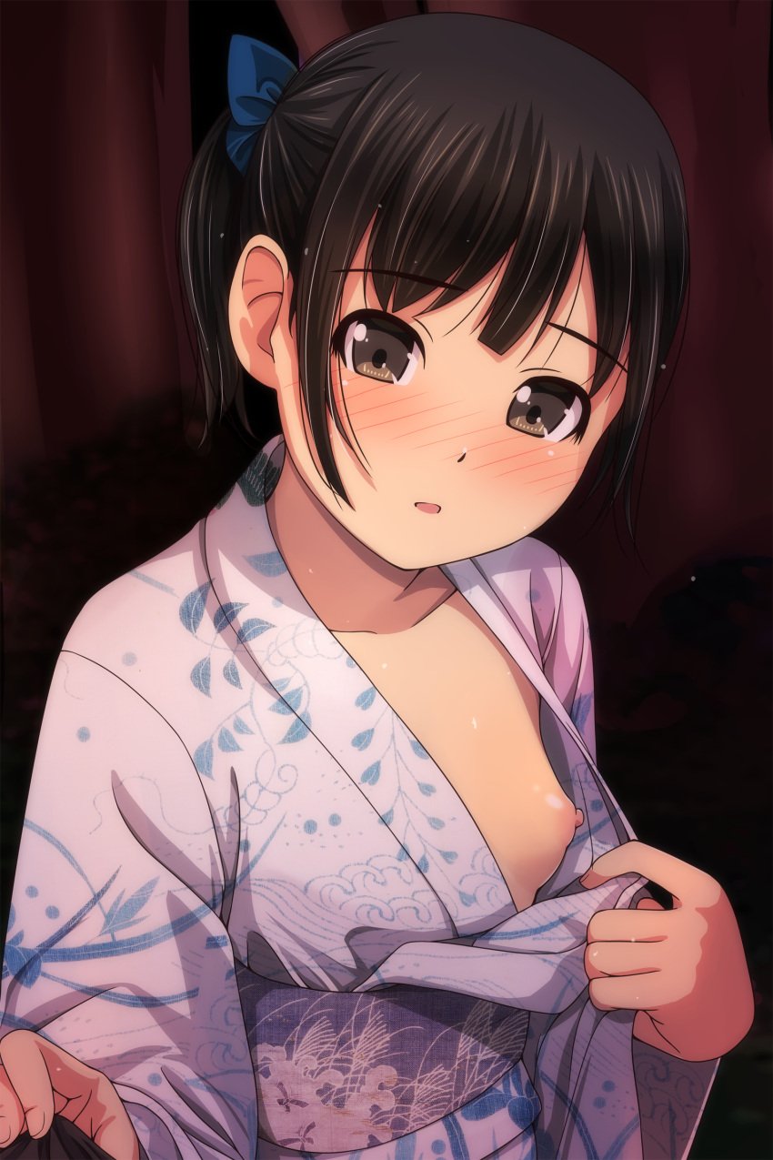 1girls black_hair blush japanese_clothes kimono matsunaga_kouyou nipples one_breast_out ponytail small_breasts solo