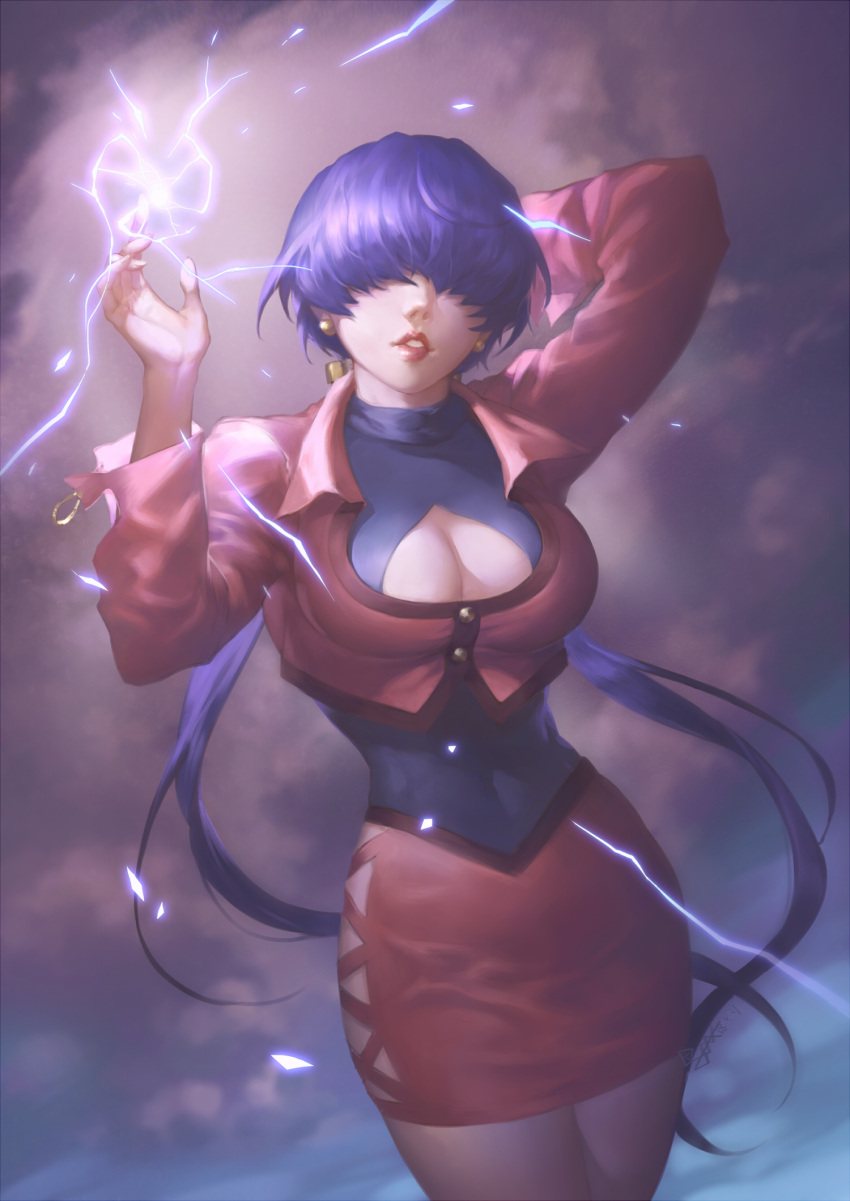 arm_behind_back arm_behind_head arm_up breasts cleavage cleavage_cutout clothing_cutout covered_navel cropped_jacket dated earrings electricity facing_viewer female hair_over_eyes highres jacket jewelry king_of_fighters lips long_hair long_sleeves low_twintails medium_breasts parted_lips pencil_skirt purple_hair red_jacket red_skirt shermie_(kof) signature skin_tight skirt solo spade-m twintails very_long_hair