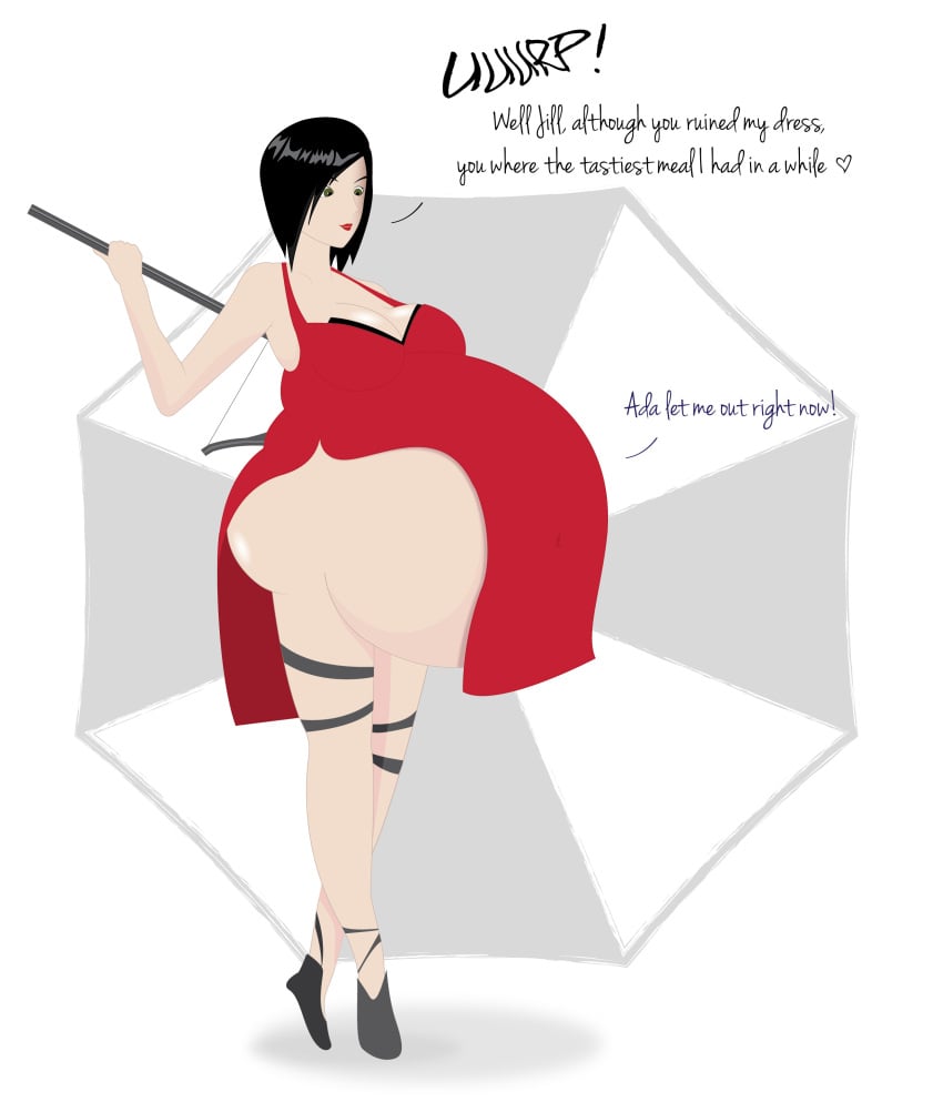 1girls ada_wong asian asian_female belly big_belly big_breasts black_hair breasts burp burping cleavage clothing dialogue dress dustinmieye female large_breasts resident_evil same_size_vore text vore