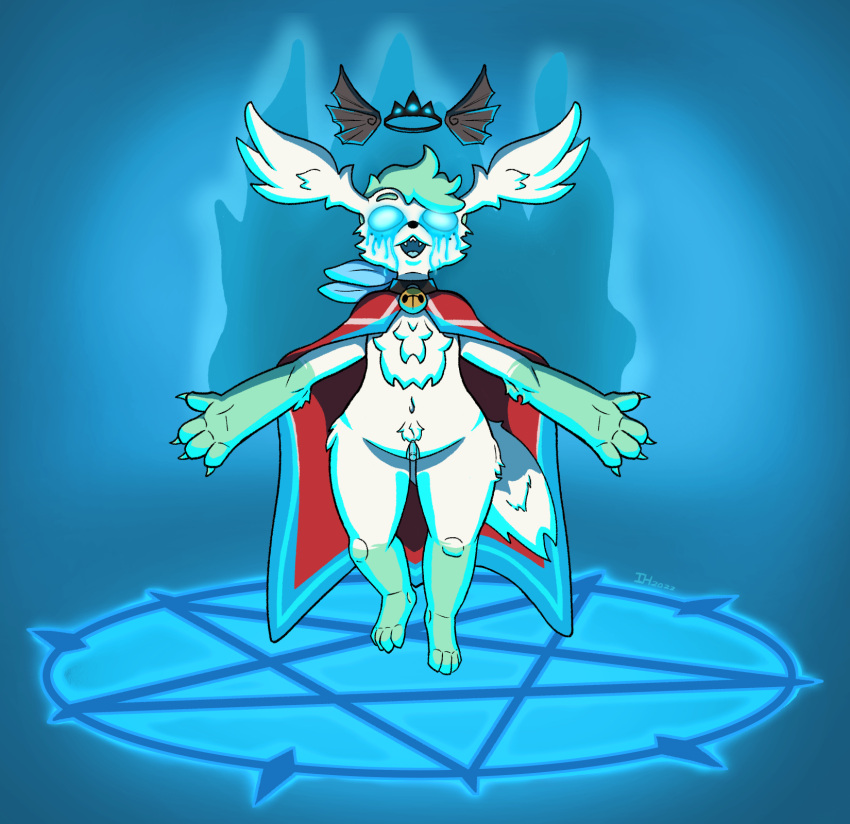 andromorph anthro bat_wings bell bell_collar belly big_ears cape chest_tuft claws clitoris clothing collar crotch_tuft crown cult cult_of_the_lamb cultist cuntboy dramatic_lighting fire floating_crown floating_wings fluffy fluffy_tail generation_4_pokemon genitals glowing glowing_eyes glowing_tears green_hair hair hi_res impishhyena intersex legendary_pokemon male membrane_(anatomy) membranous_wings navel nintendo paws pentagram pokémon_(species) pokemon pokemon_(species) possession pussy shaymin shaymin_(sky_form) short_hair soft solo spread_arms summoning summoning_circle thick_arms thick_thighs tuft video_games wide_hips wings