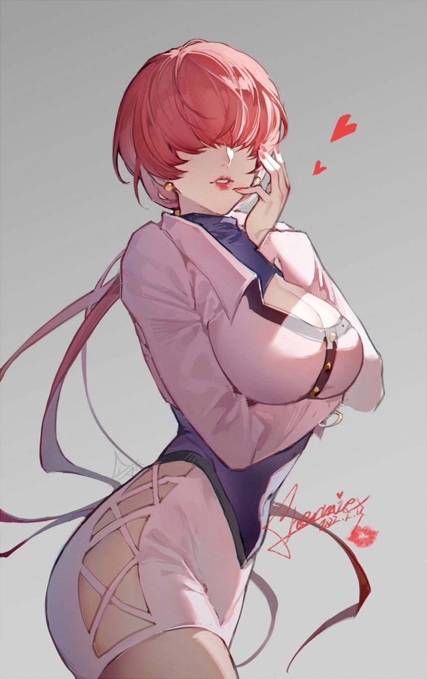 artist_name breasts buttons cleavage covered_eyes cowboy_shot cross-laced_clothes dress earrings facing_viewer female hair_over_eyes hand_on_own_cheek hand_on_own_face heart highres jewelry king_of_fighters large_breasts long_hair long_sleeves nail_polish parted_lips pencil_dress red_eyes red_nails shermie_(kof) short_dress solo spade-m white_dress